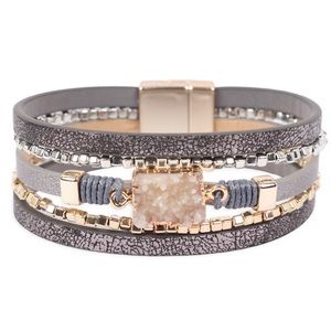 Faux Leather Wrap Bracelet with Stone Charm